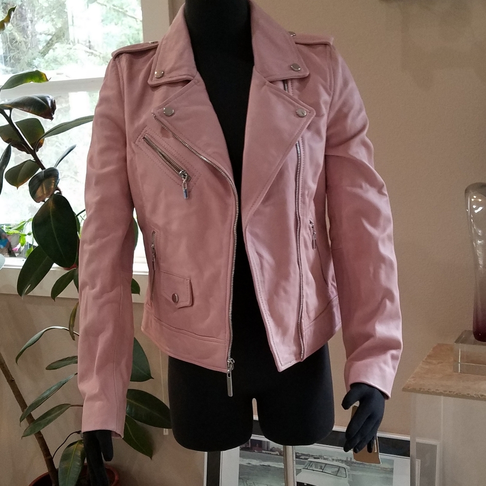 Wilsons Luxe Leather Moto Jacket Vintage Style Dusty Pink Silver Tone Hdwr S NWT - Picture 7 of 14